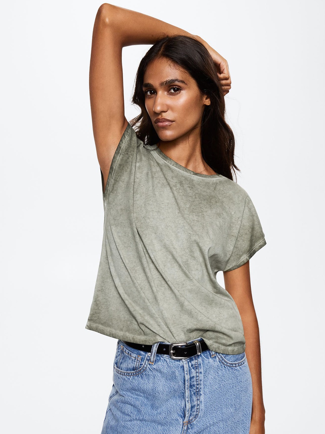 

MANGO Women Olive Green Melange Extended Sleeves Pure Cotton Sustainable T-shirt