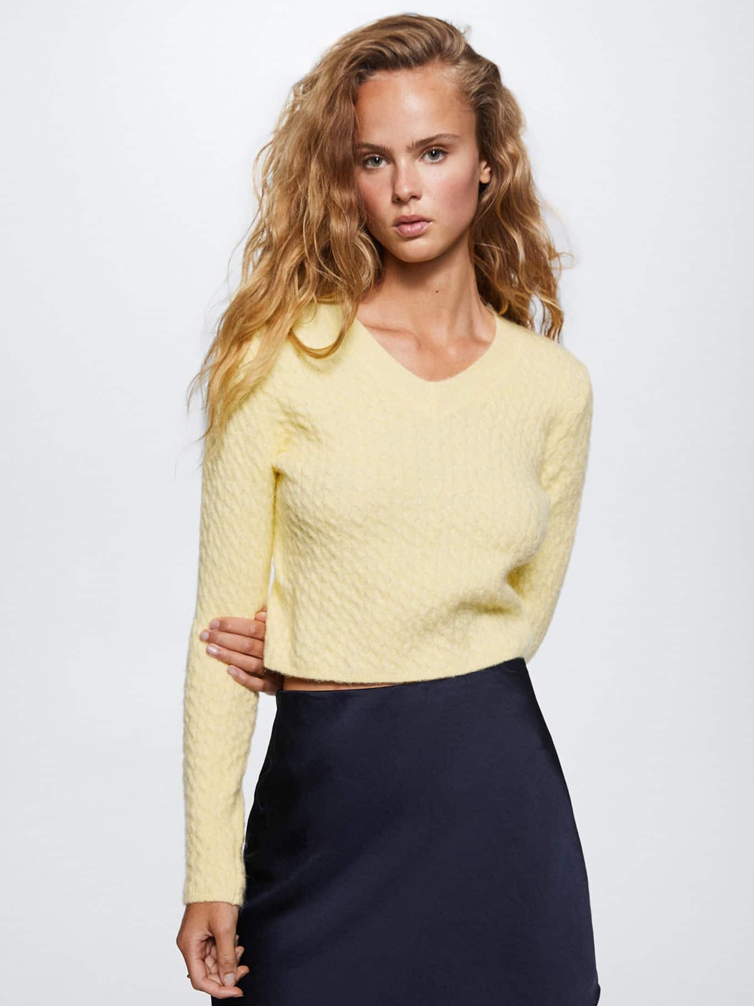 

MANGO Women Yellow Cable Knit Crop Pullover