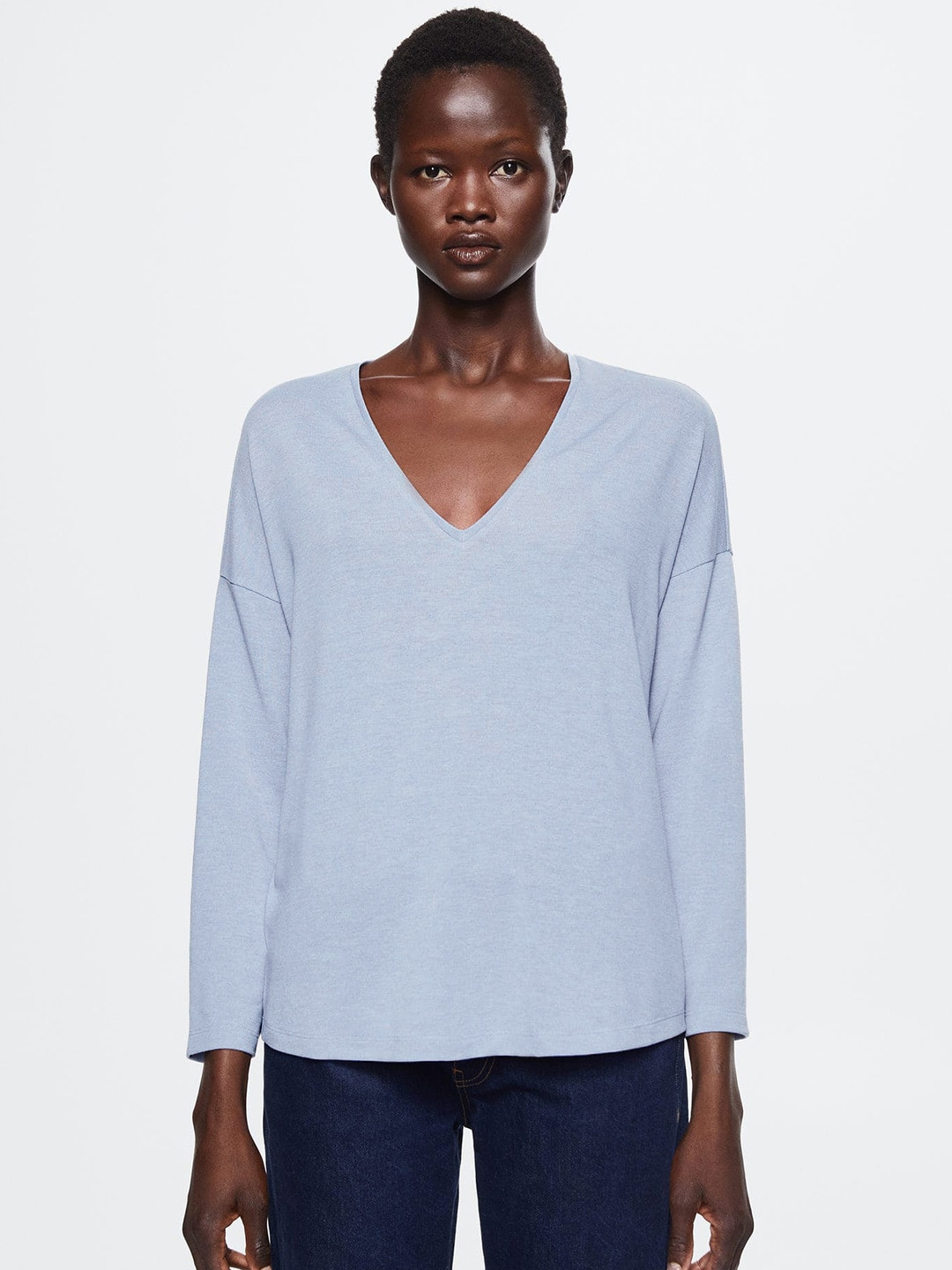 

MANGO Women Blue V-Neck Drop-Shoulder Sleeves Sustainable T-shirt