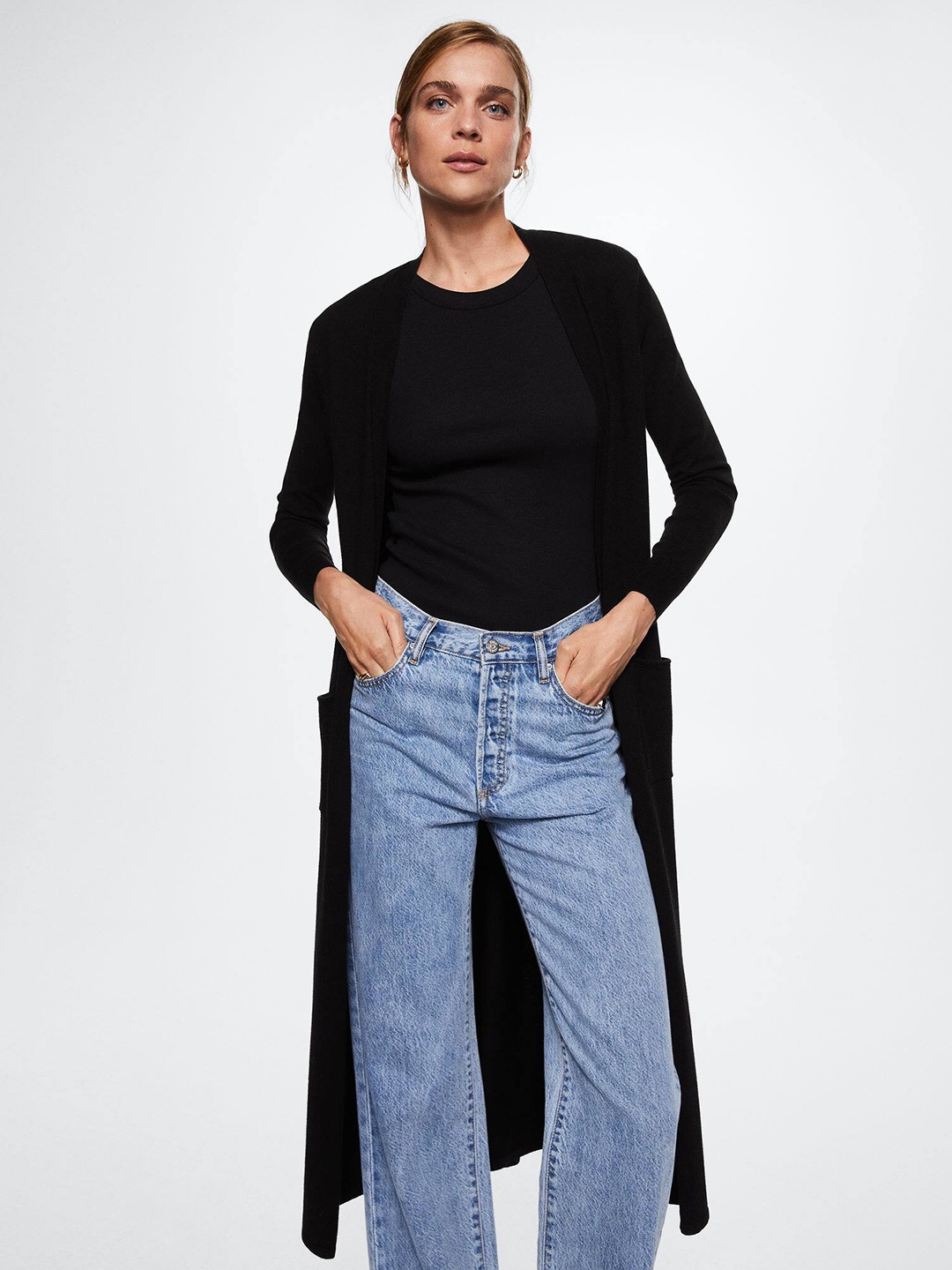 

MANGO Women Black Solid Longline Front Open With Belt