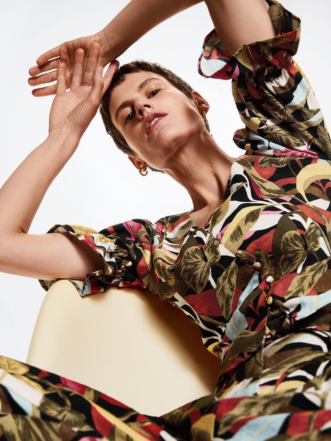 

MANGO Olive Green & Black Floral Print Sustainable Top
