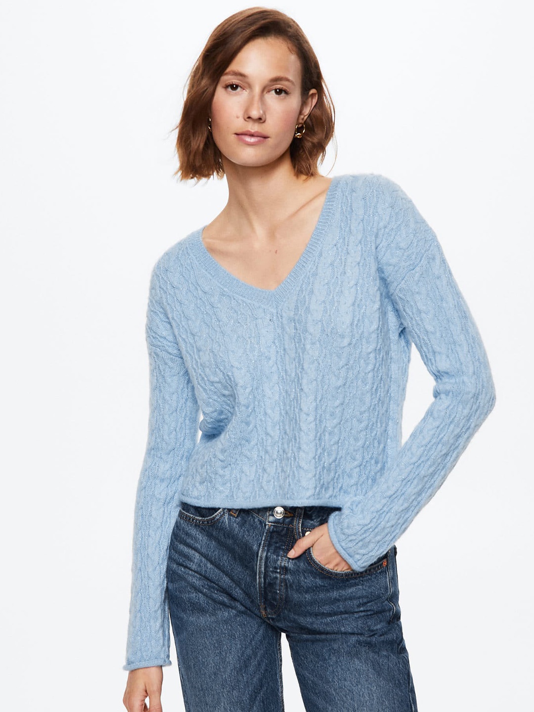 

MANGO Women Blue Cable Knit Pullover