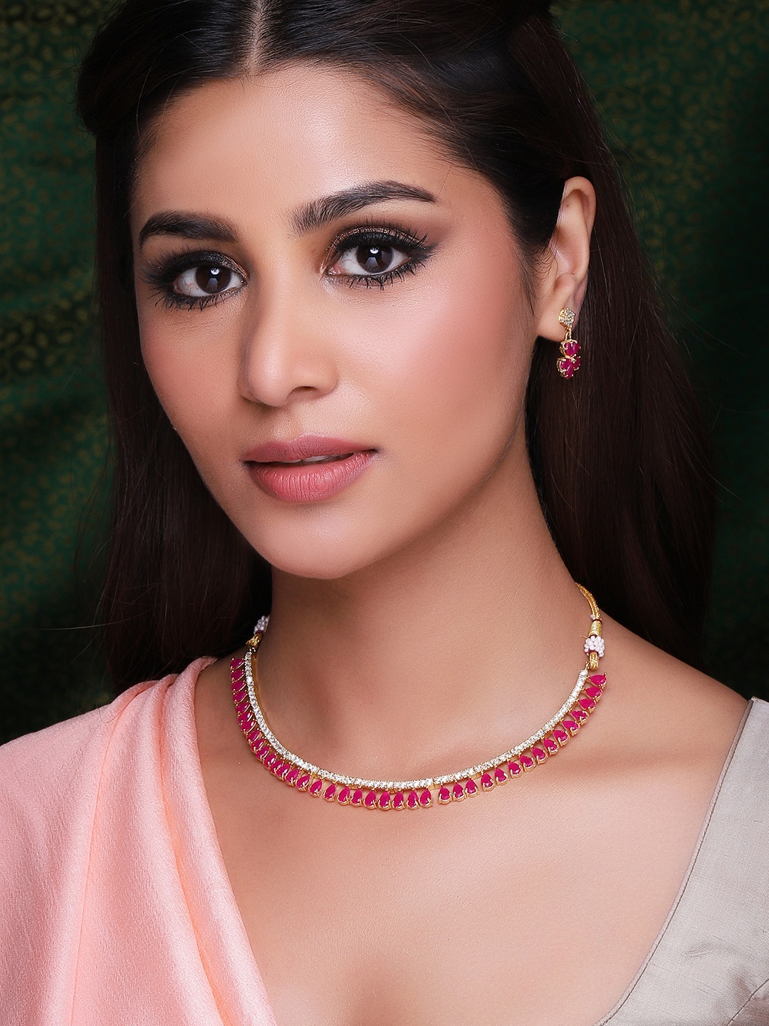 

Rubans 22K Gold Plated Ruby & CZ Studded Necklace Set