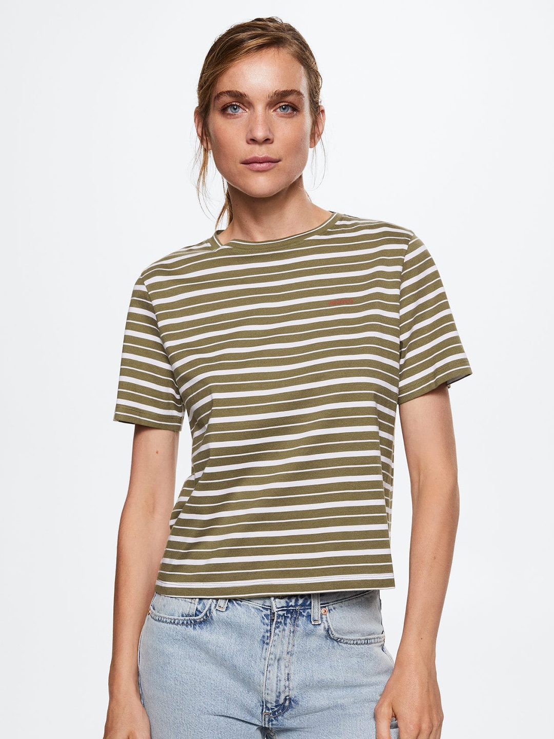 

MANGO Women White & Olive Green Striped Pure Cotton T-shirt