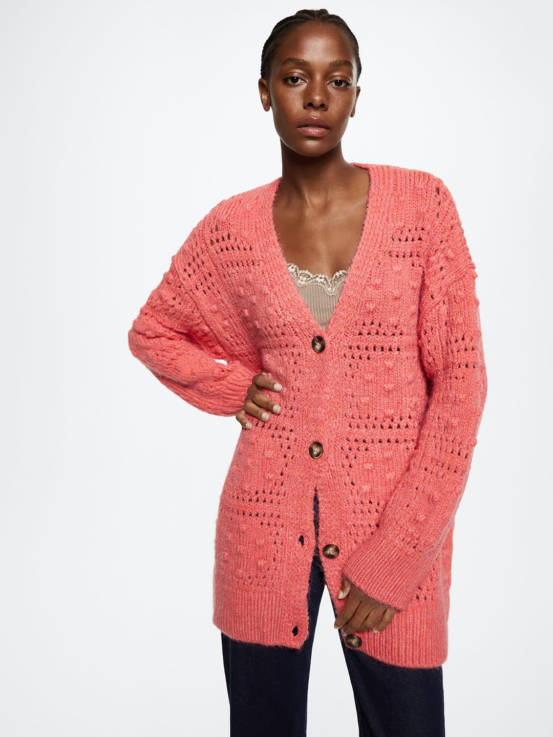 

MANGO Women Coral Pink Open Knit Longline Cardigan