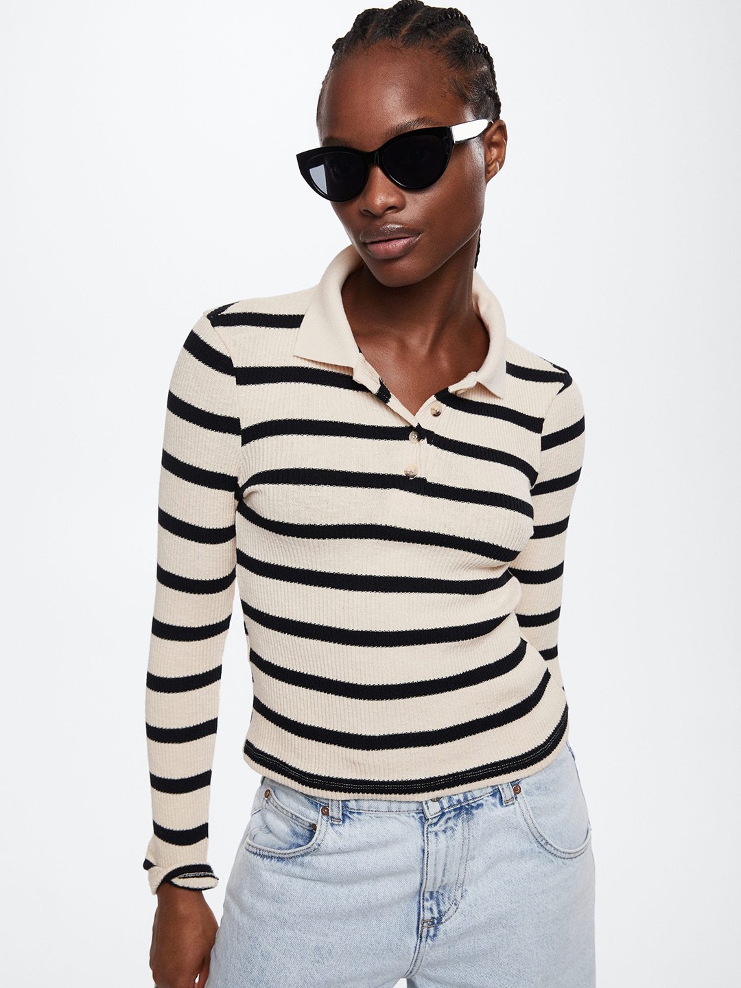

MANGO Women Off White & Black Striped Sustainable Polo Collar Knitted T-shirt