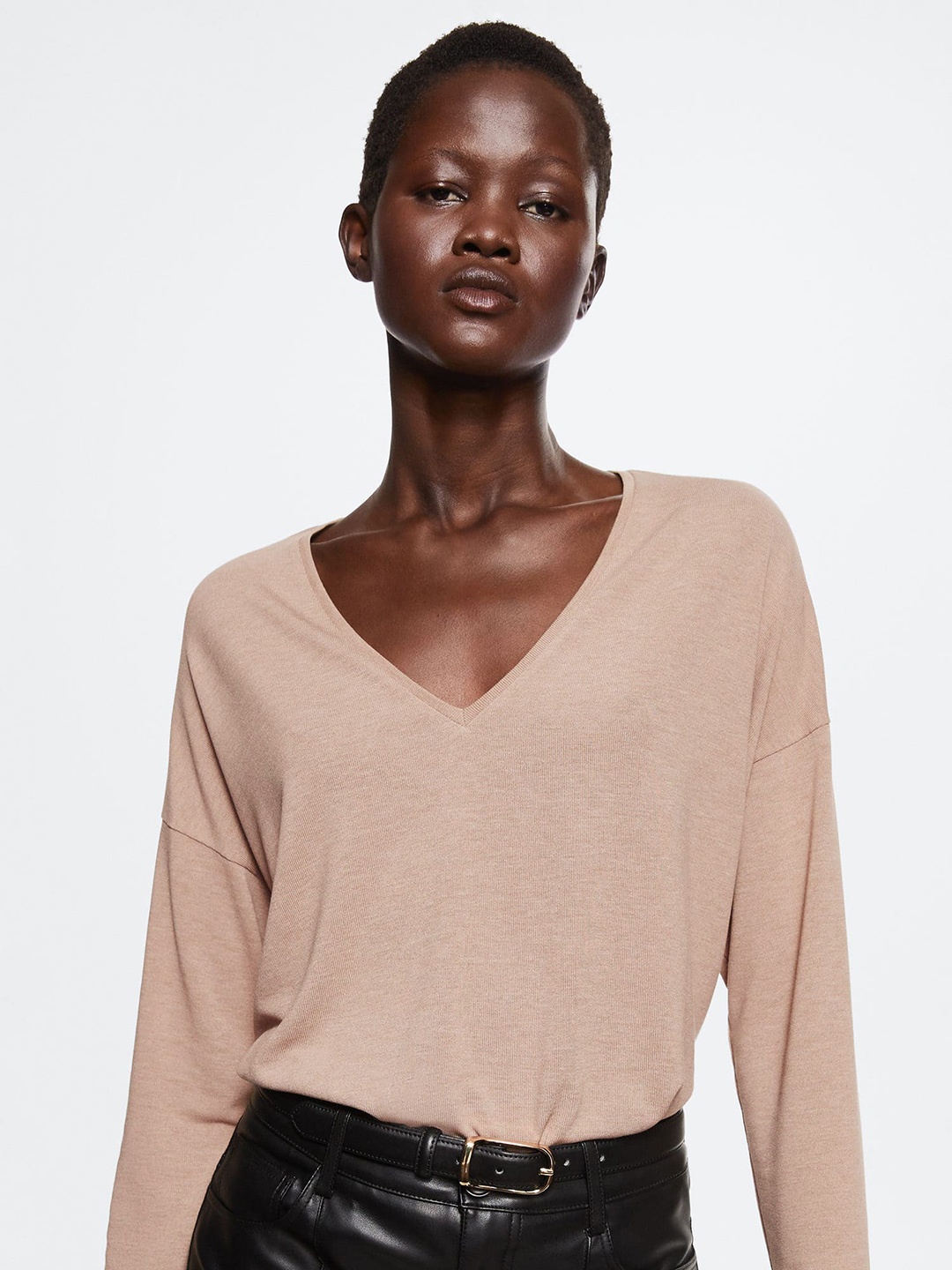 

MANGO Women Beige Solid V-Neck Drop-Shoulder Sleeves Sustainable T-shirt