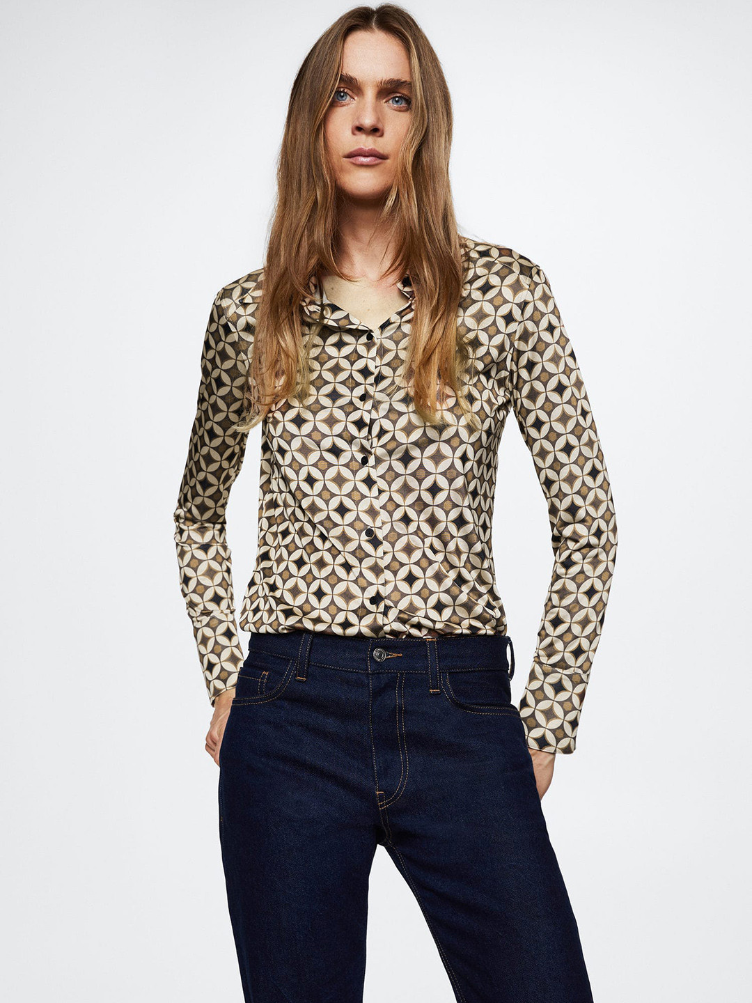 

MANGO Women Brown & Cream-coloured Printed Satin Casual Shirt
