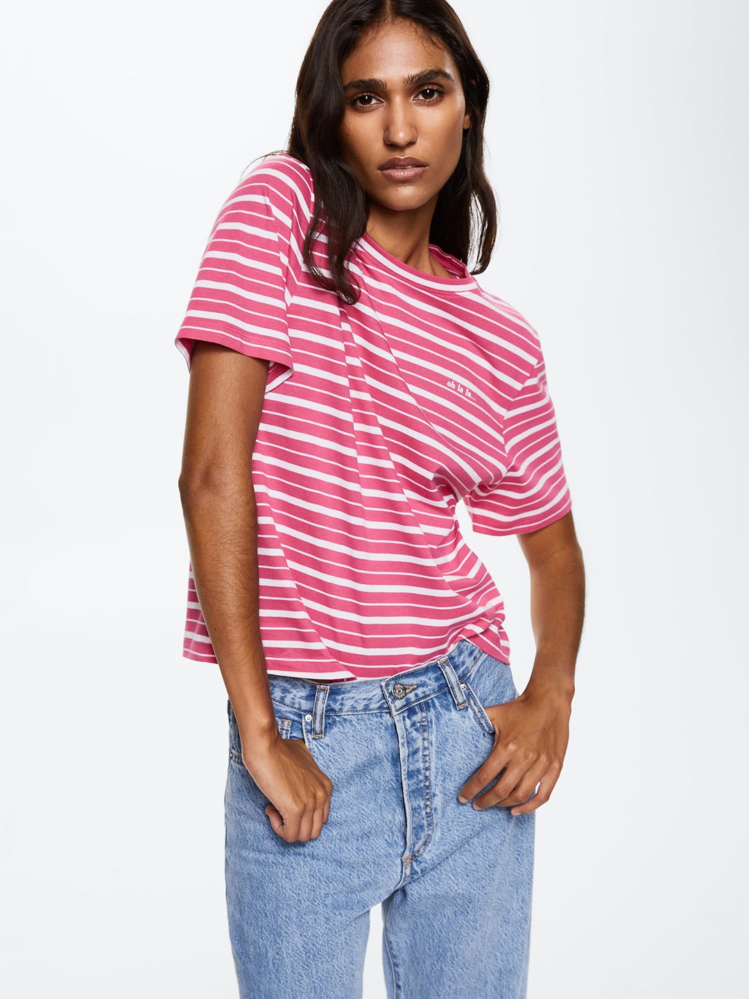 

MANGO Women Pink & White Striped Pure Cotton Sustainable T-shirt