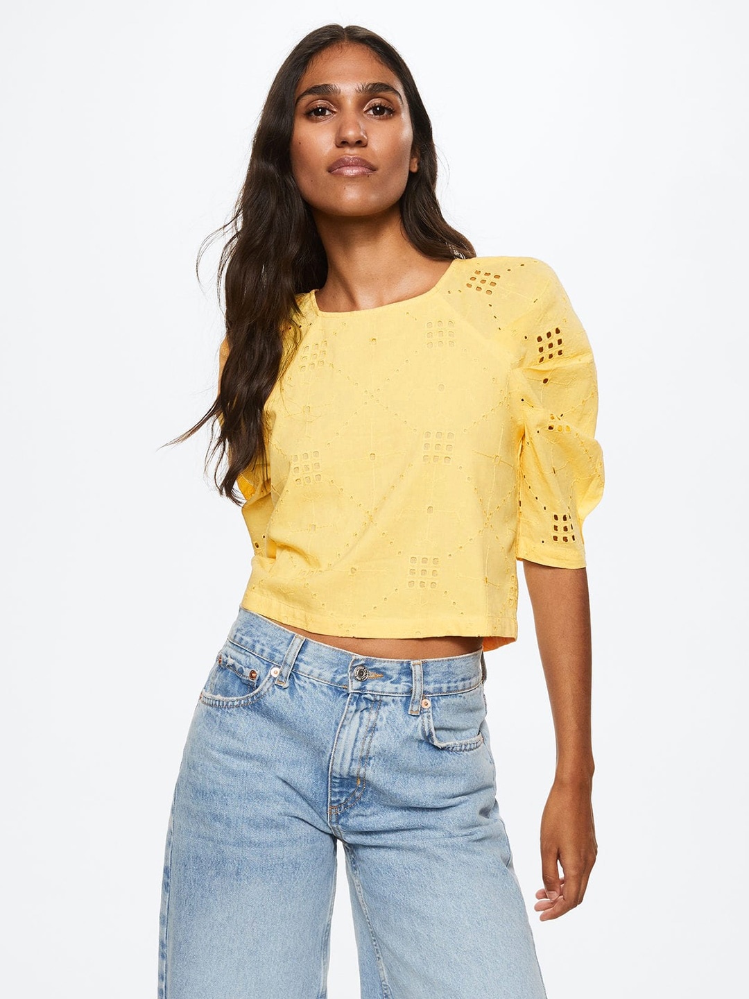 

MANGO Yellow Cotton Schiffli Embroidered Styled Back Top