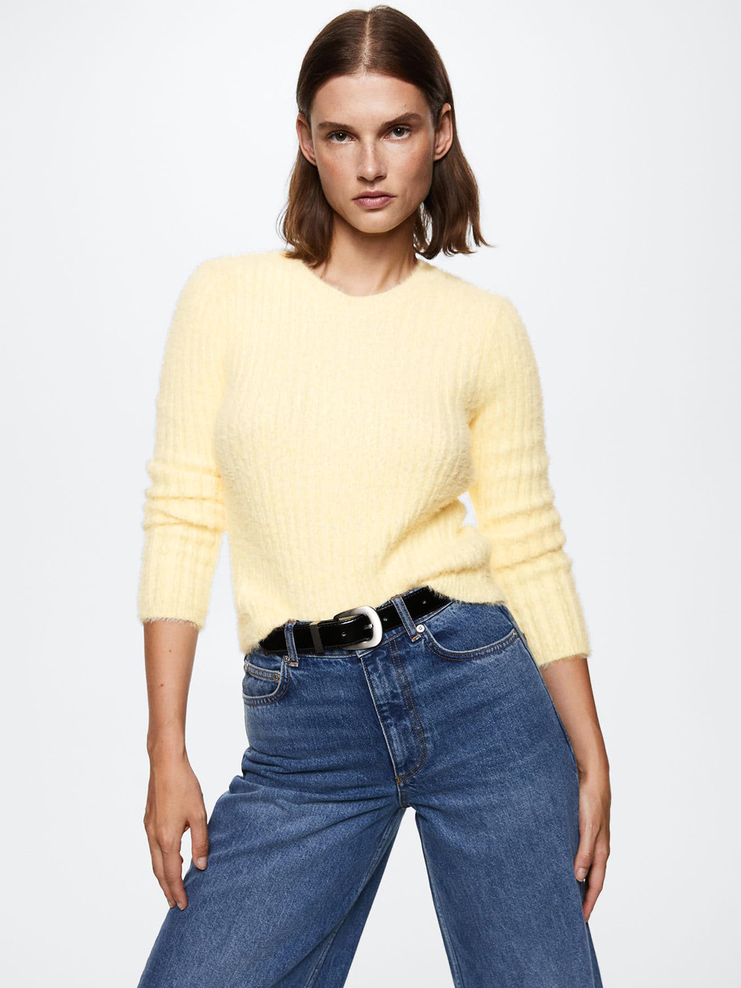 

MANGO Women Yellow Ribbed Pullover