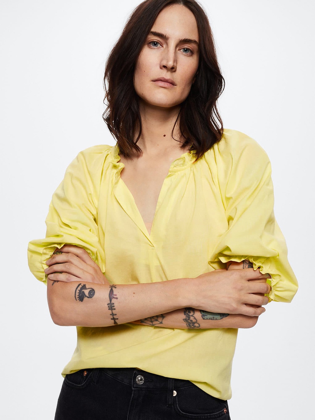 

MANGO Yellow Solid Puff Sleeve Pure Cotton Sustainable Top