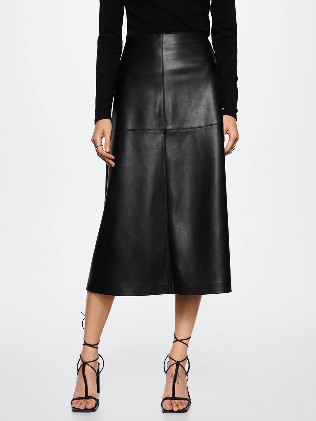 

MANGO Women Black Faux Leather A-Line Midi Skirt