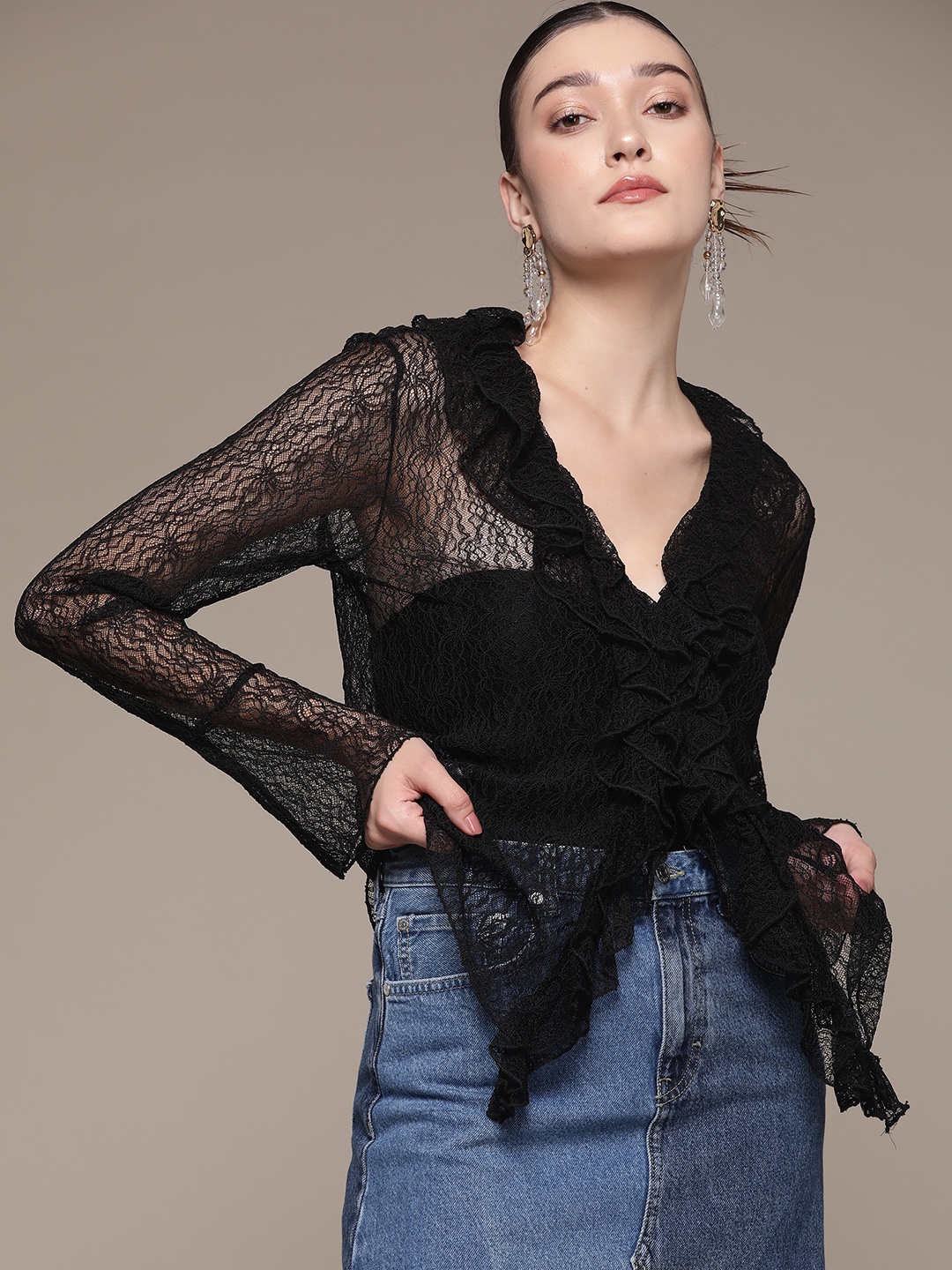 

MANGO Black Ruffles Sheer Lace Top