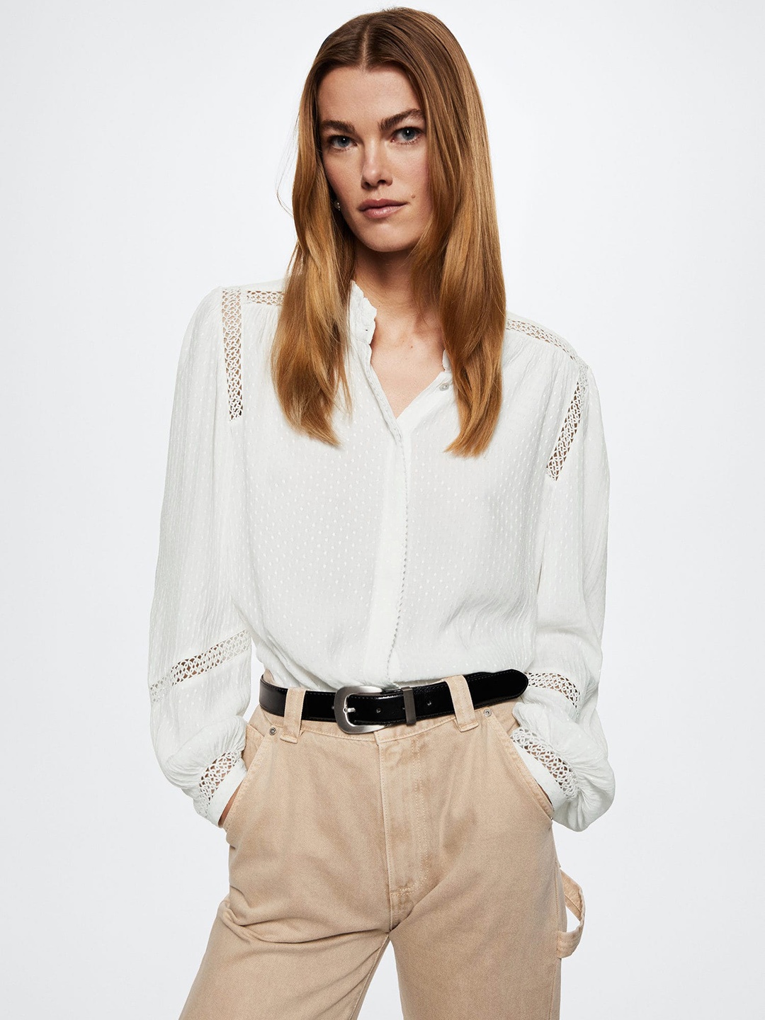 

MANGO White Solid Sustainable Shirt Style Top