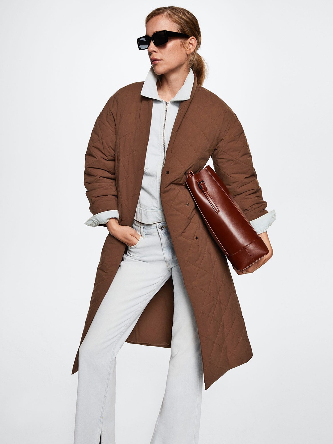 

MANGO Women Oversize Open Front Quilted Jacket with Belt, Brown