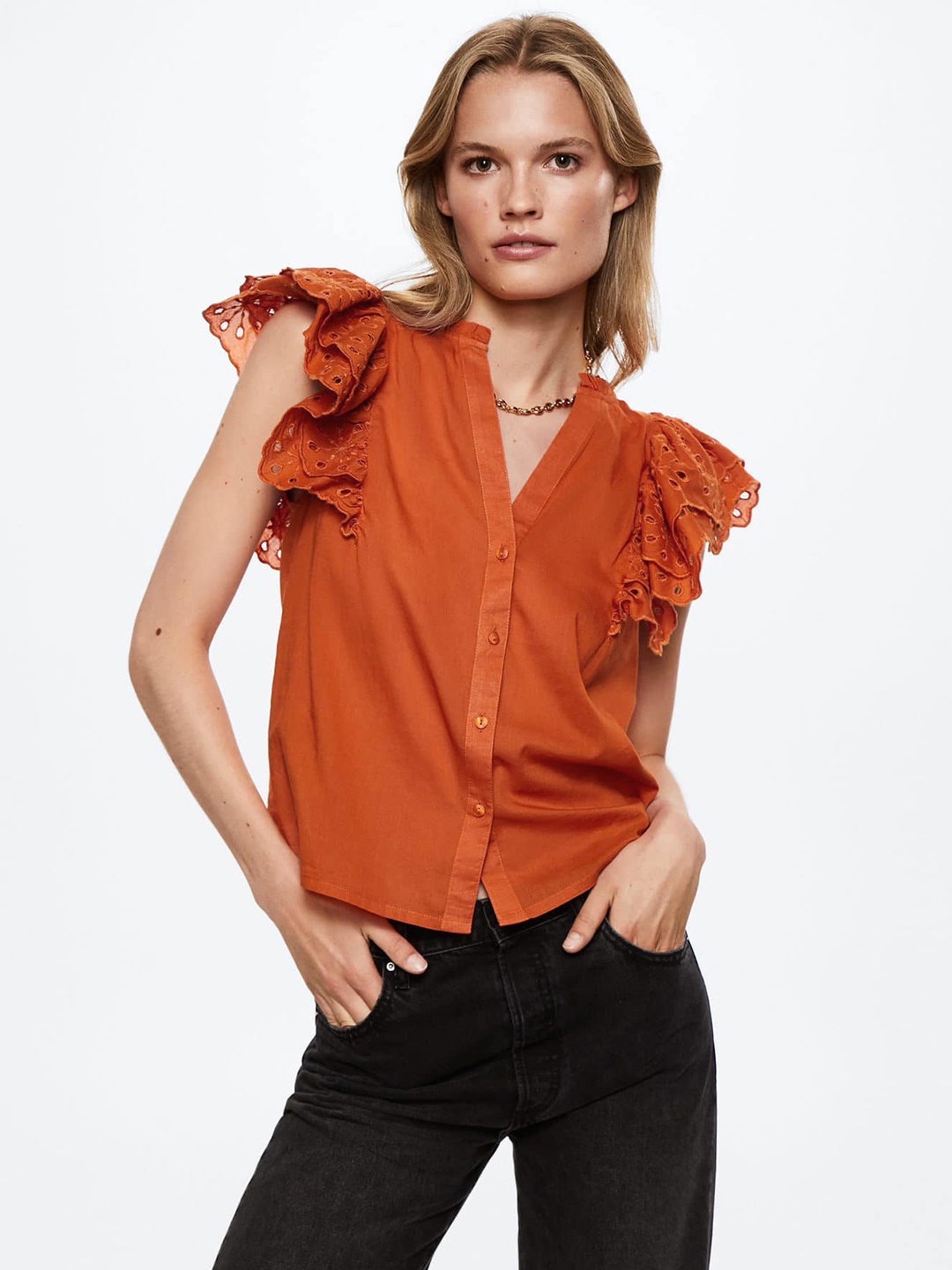 

MANGO Orange Pure Cotton Ruffles Schiffli Shirt Style Top