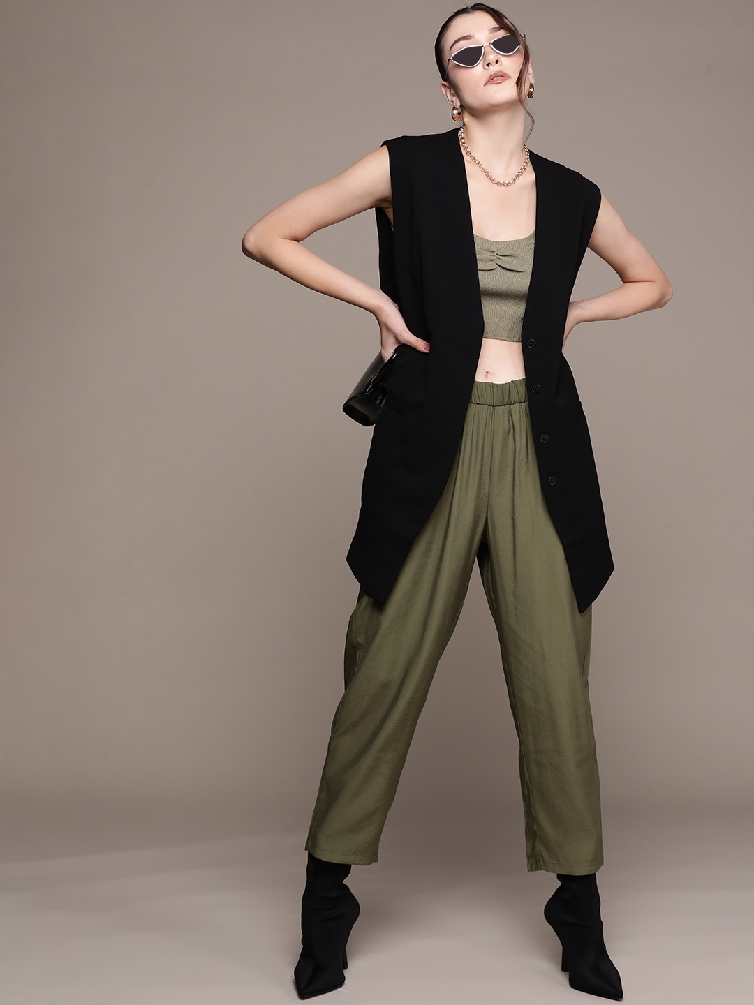 

MANGO Women Olive Green Sustainable Cropped Trousers