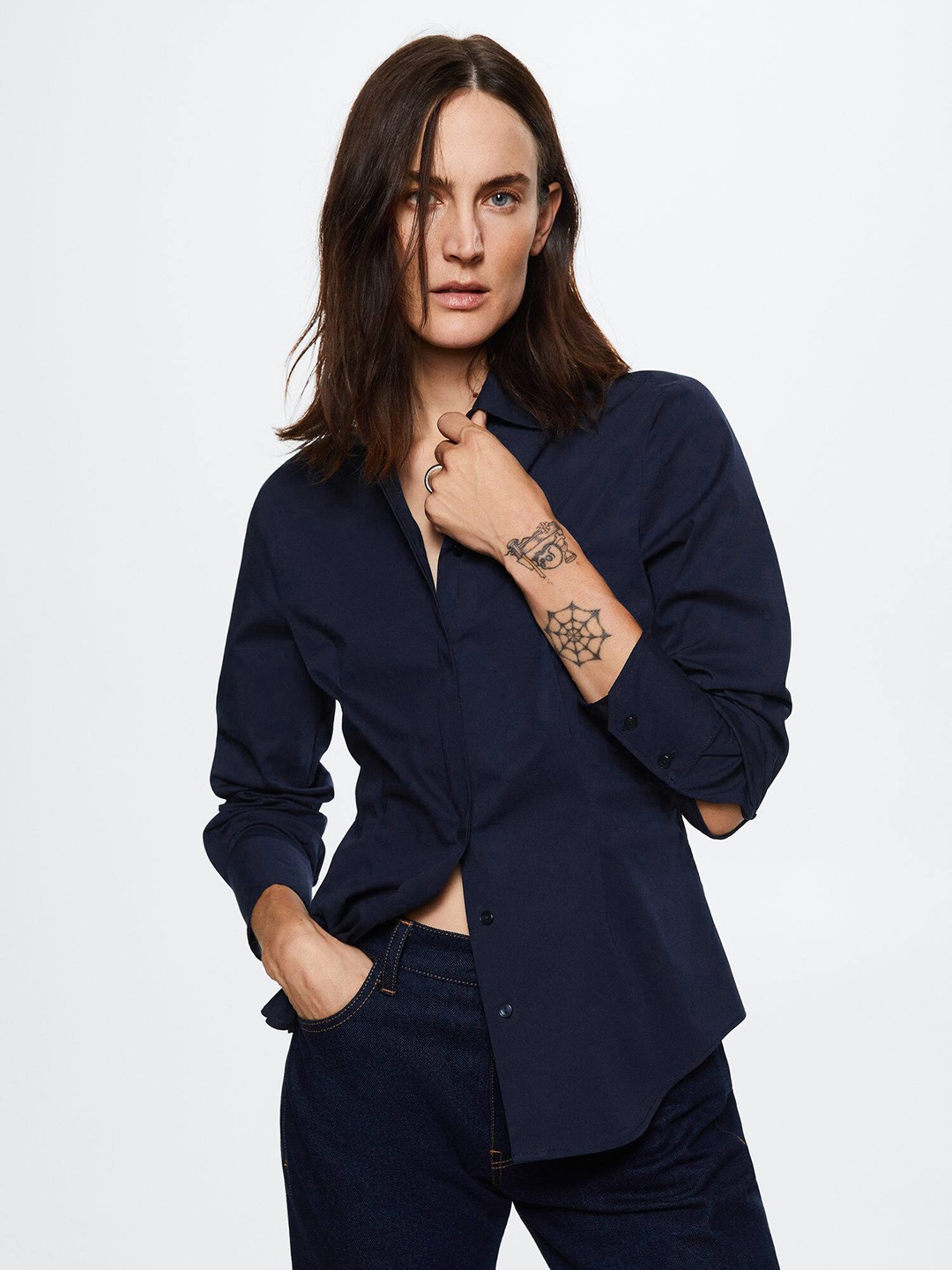 

MANGO Women Navy Blue Solid Casual Shirt