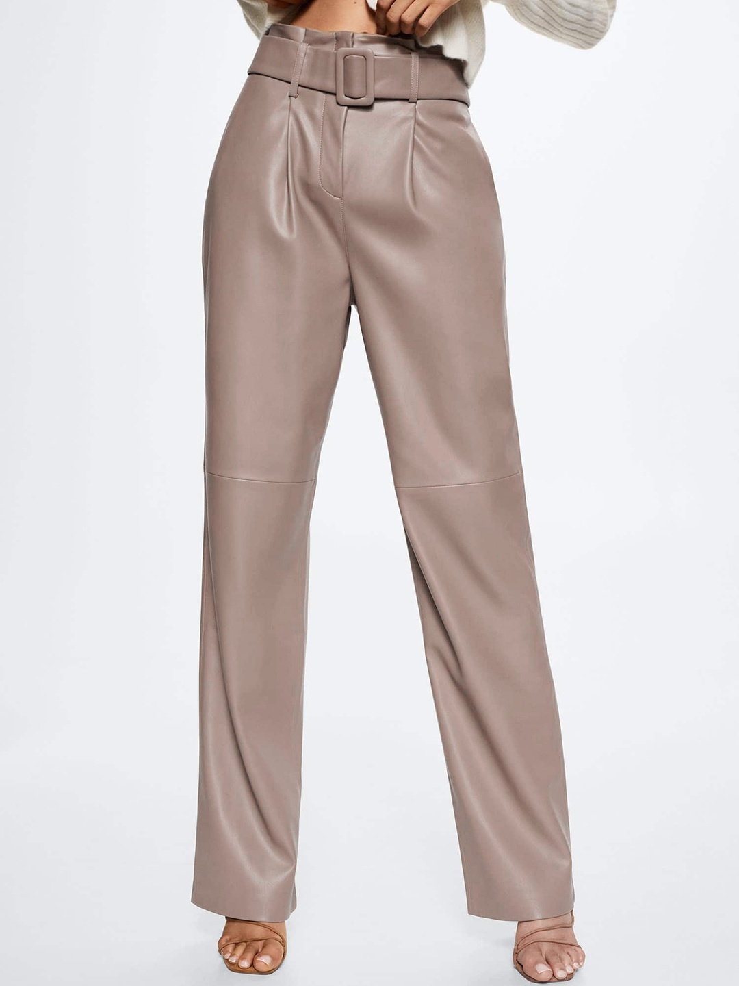 

MANGO Women Brown Solid Faux Leather Straight Fit High-Rise Coated Trousers