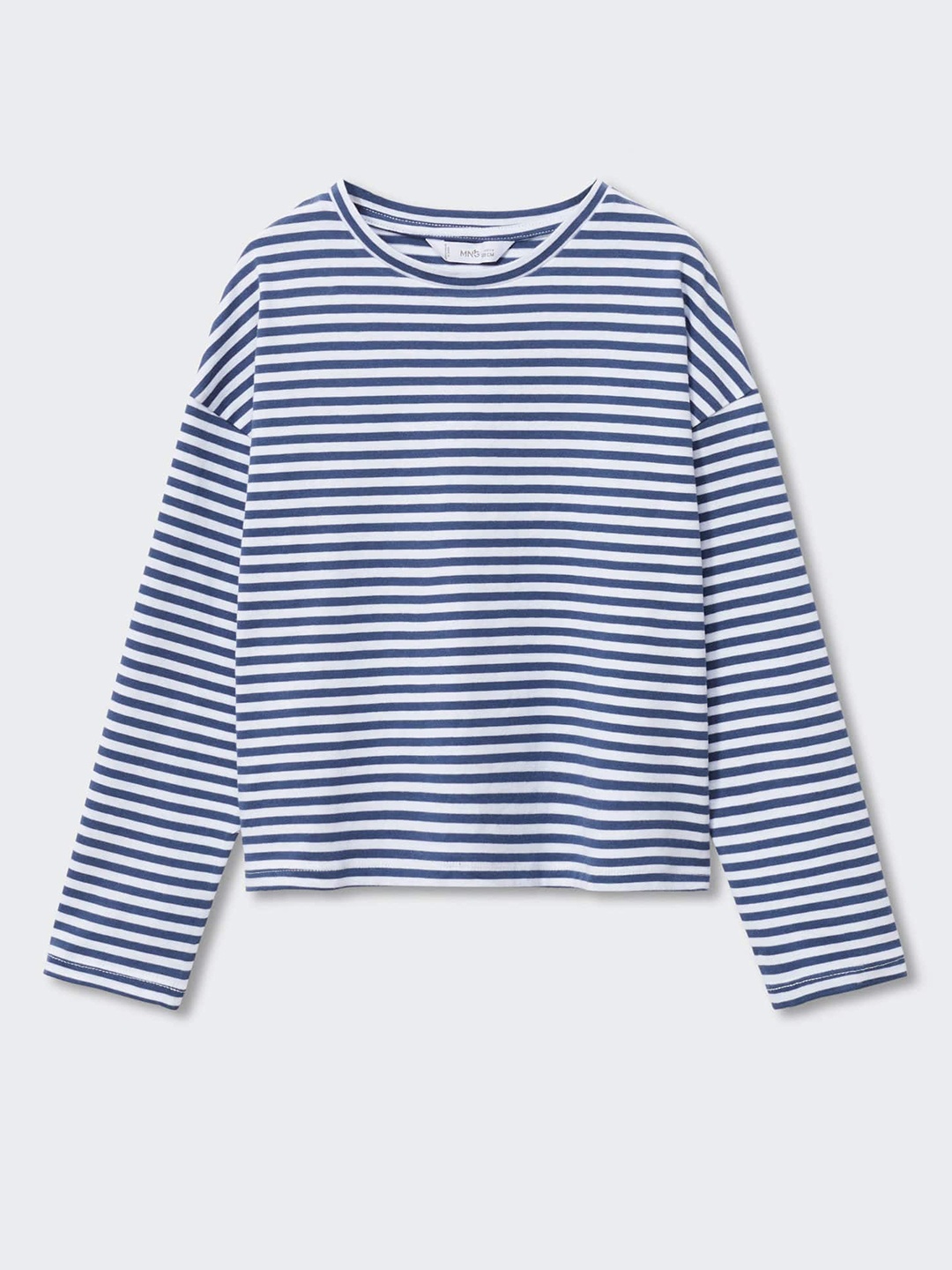 

Mango Kids Girls Pure Cotton Striped Drop-Shoulder Sleeves Sustainable T-shirt, Blue