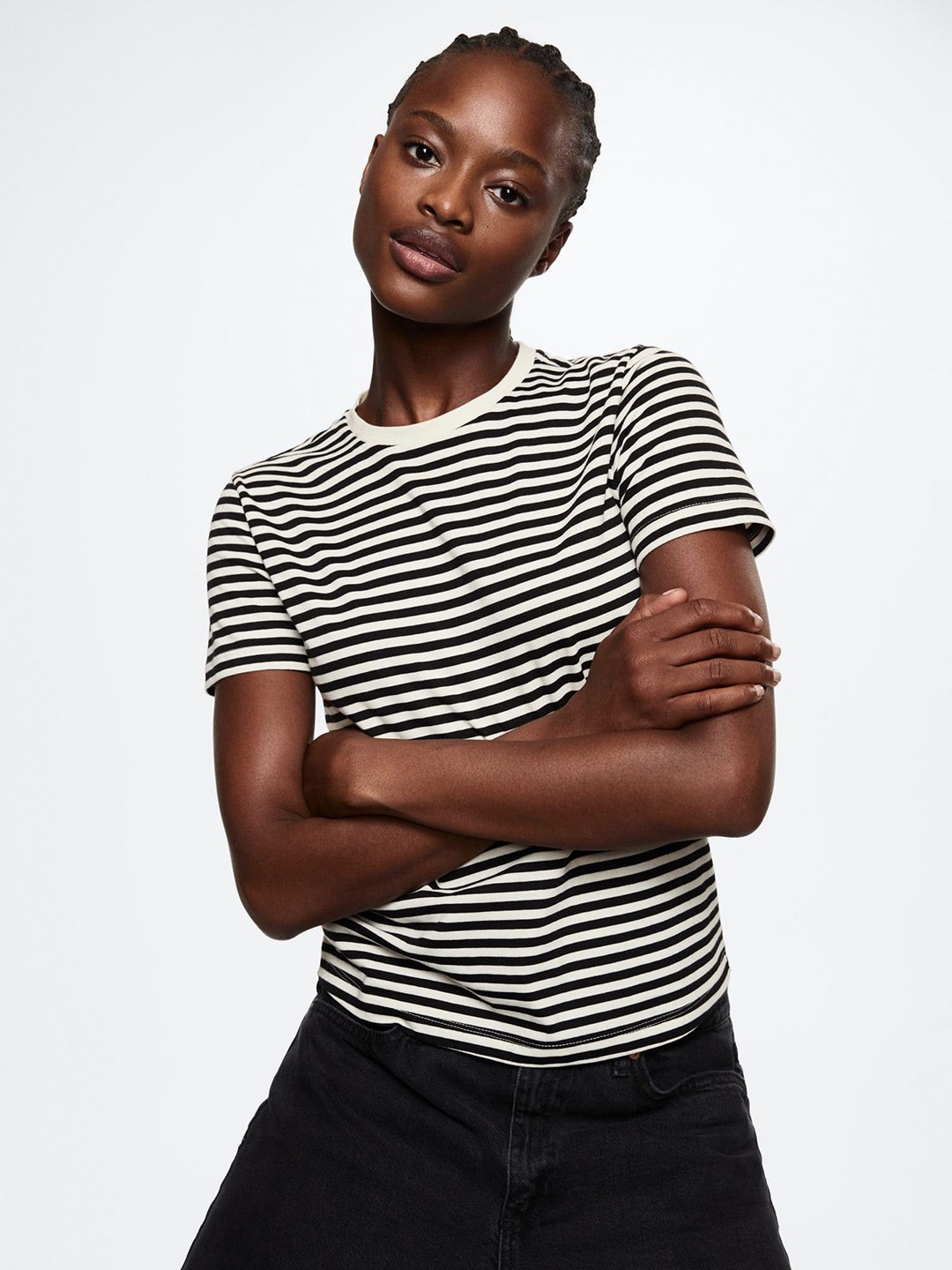 

MANGO Women White & Black Striped Monochrome Pure Cotton Sustainable T-shirt