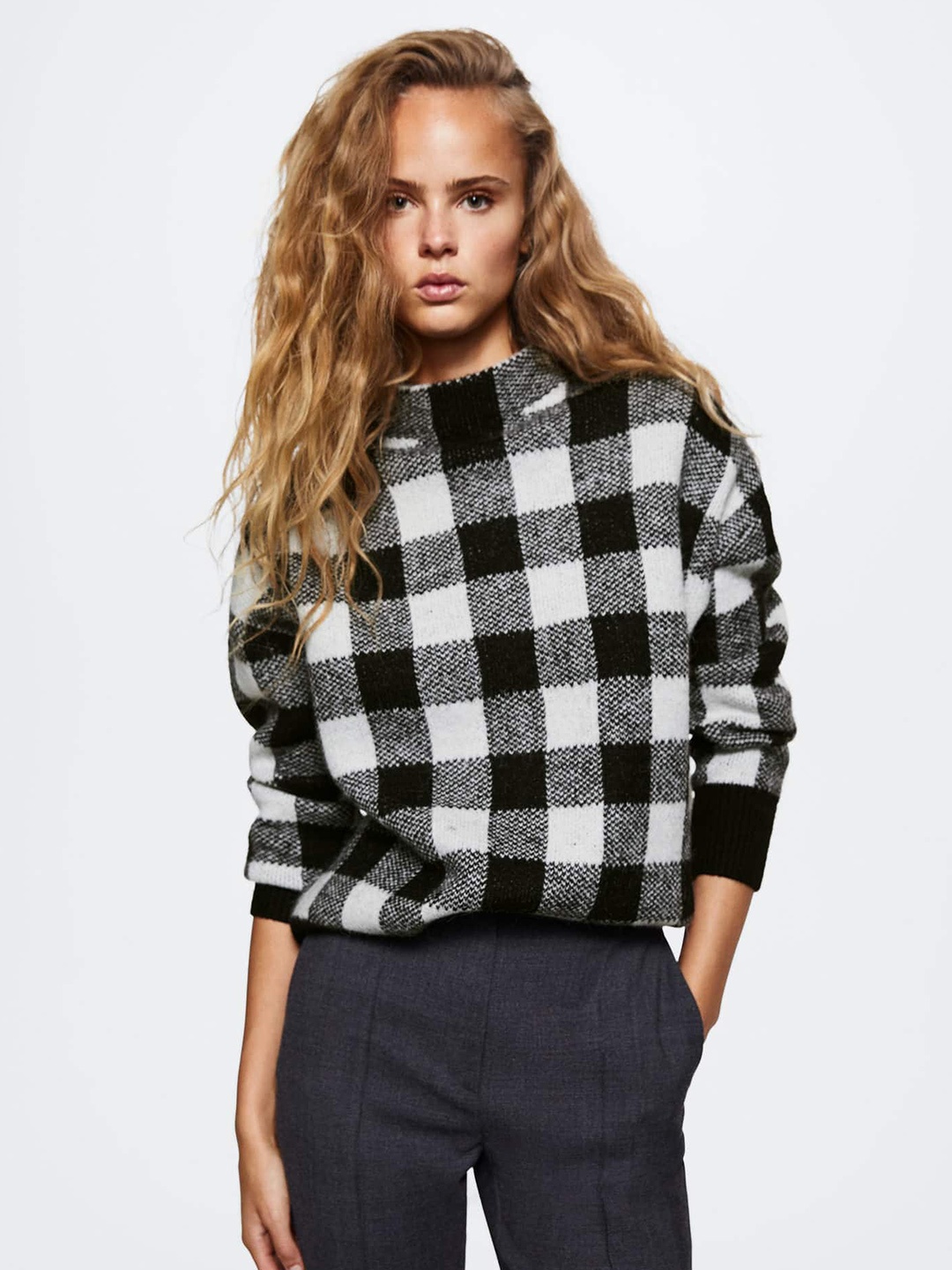 

MANGO Women Black & White Checked Sustainable Pullover