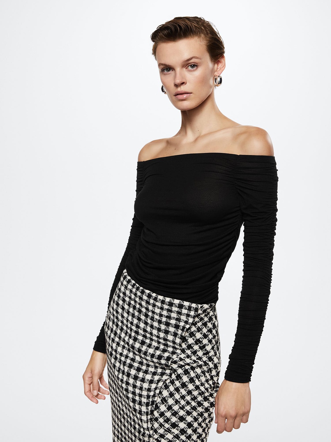 

MANGO Women Black Off-Shoulder Sustainable Bardot Top