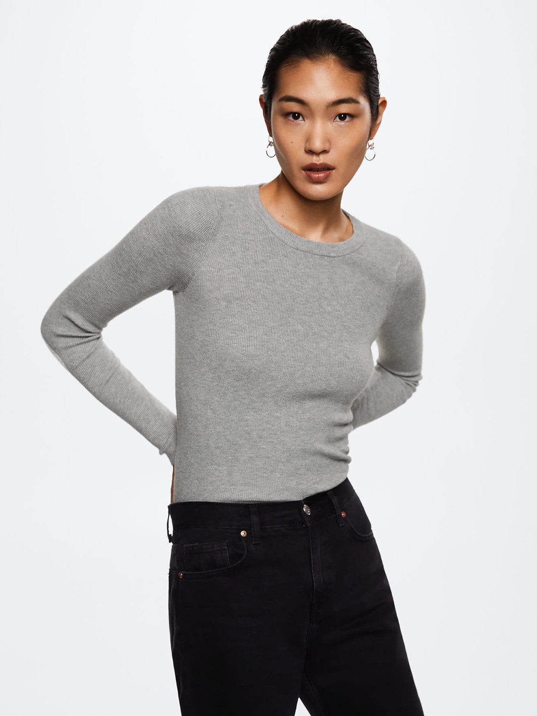 

MANGO Women Grey Ribbed Sustainable Pullover