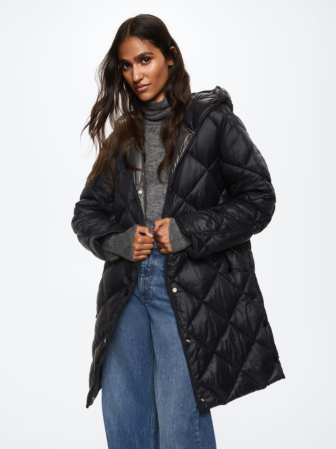 

MANGO Women Black Longline Hooded Quilted Sustainable Jacket