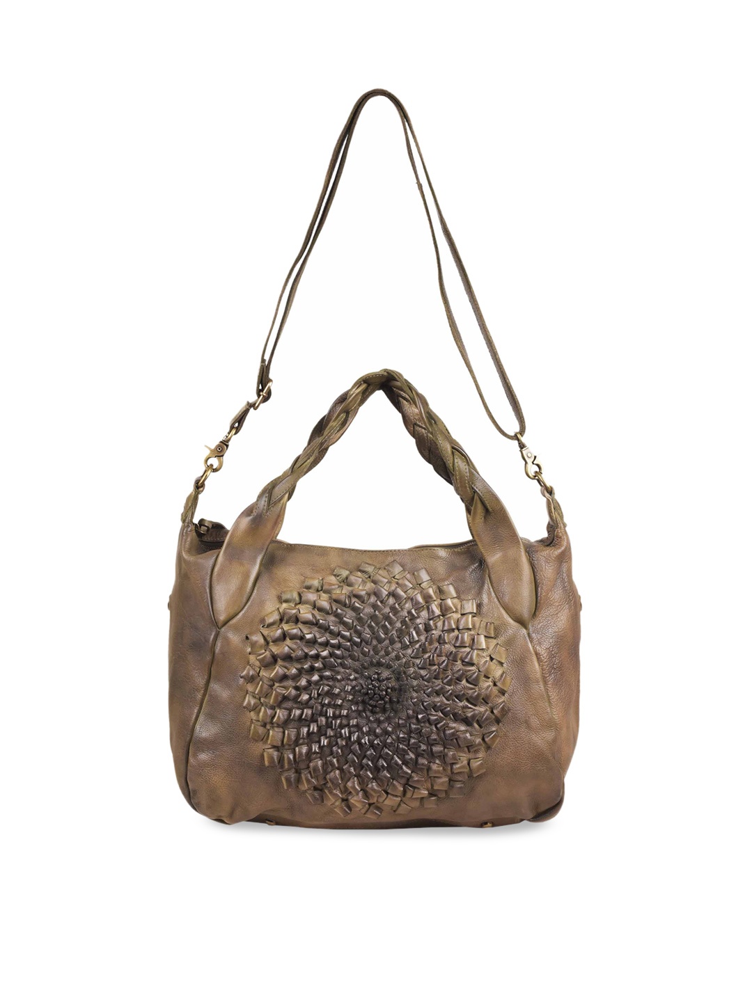 

KOMPANERO Olive Green Textured Leather Structured Handheld Bag