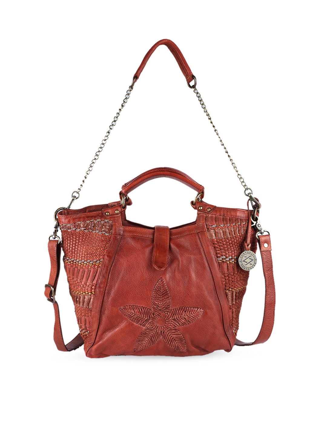 

KOMPANERO Brown Textured Leather Structured Handheld Bag with Cut Work