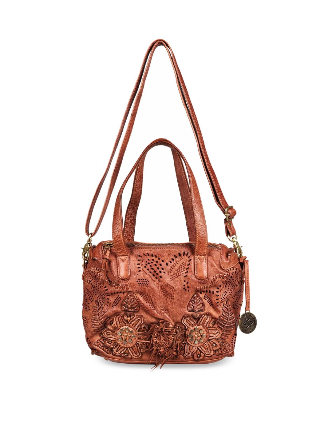 

KOMPANERO Brown Textured Leather Structured Shoulder Bag With Applique