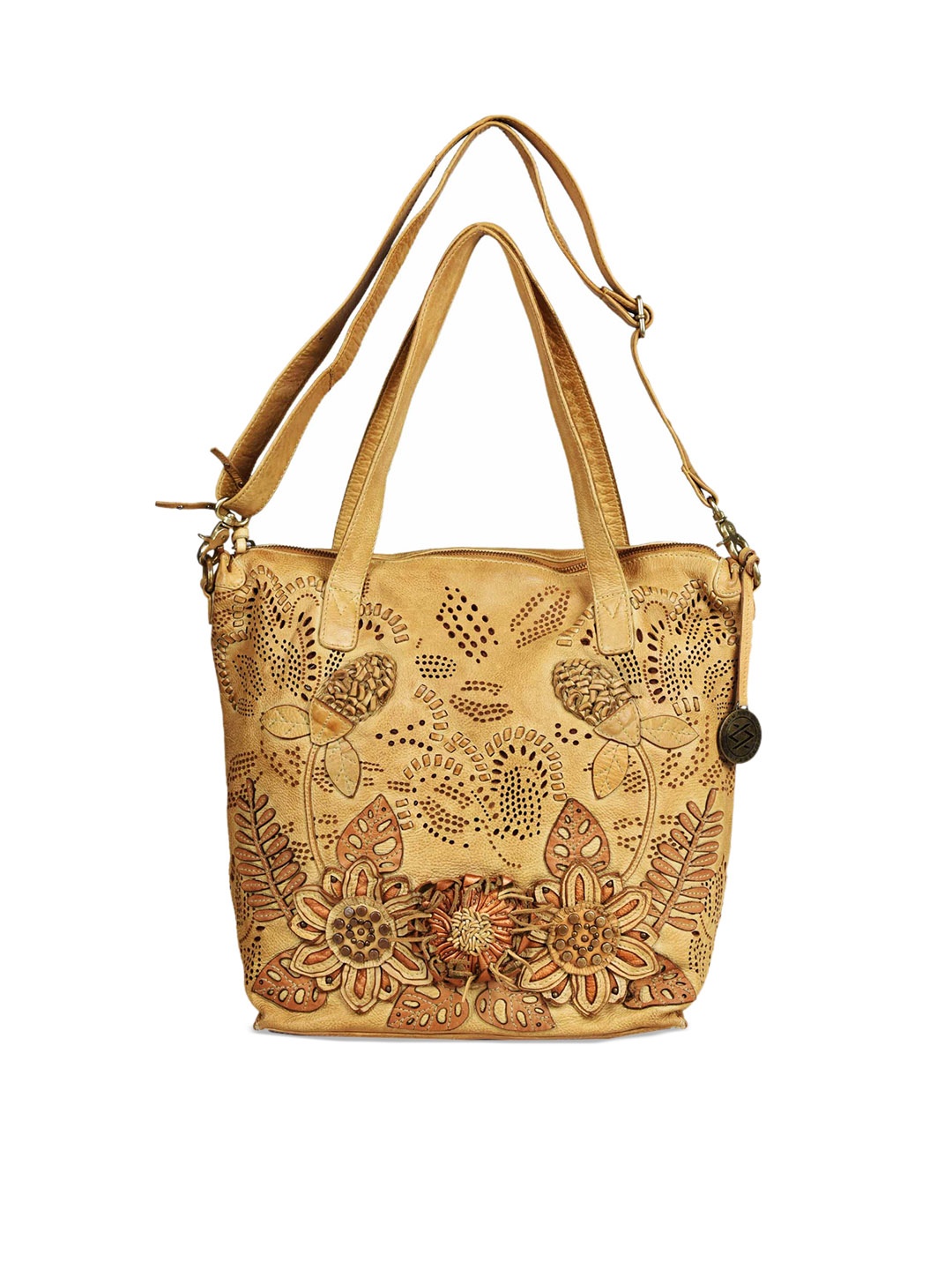 

KOMPANERO Floral Textured Leather Handheld Bag with Cut Work Handbags, Yellow