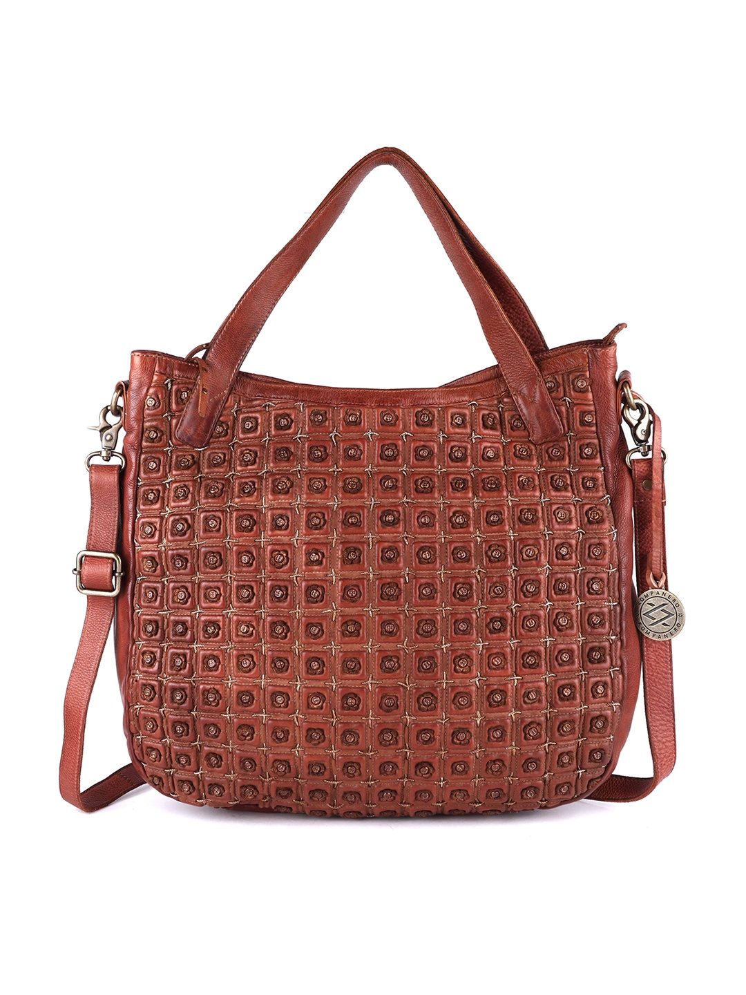 

KOMPANERO Tan Embellished Leather Shopper Handheld Bag with Cut Work