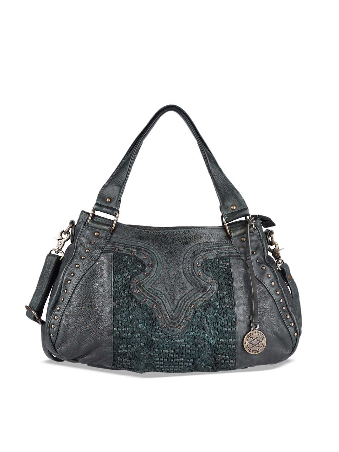 

KOMPANERO Green Embellished Leather Bucket Hobo Bag