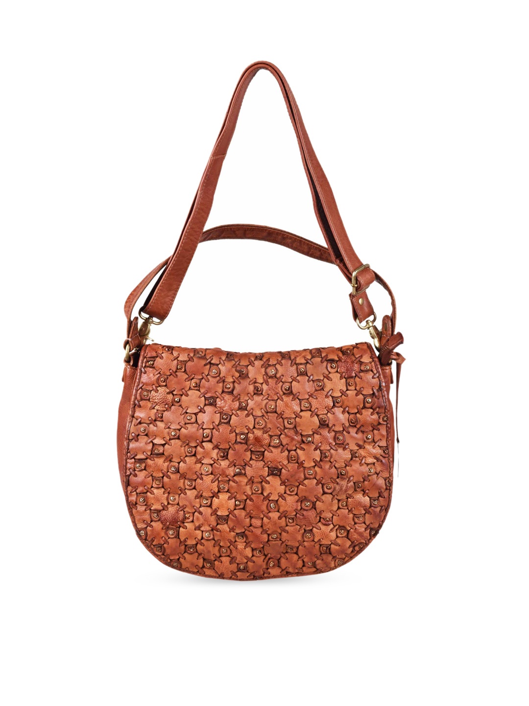 

KOMPANERO Brown Embellished Leather Structured Sling Bag with Cut Work