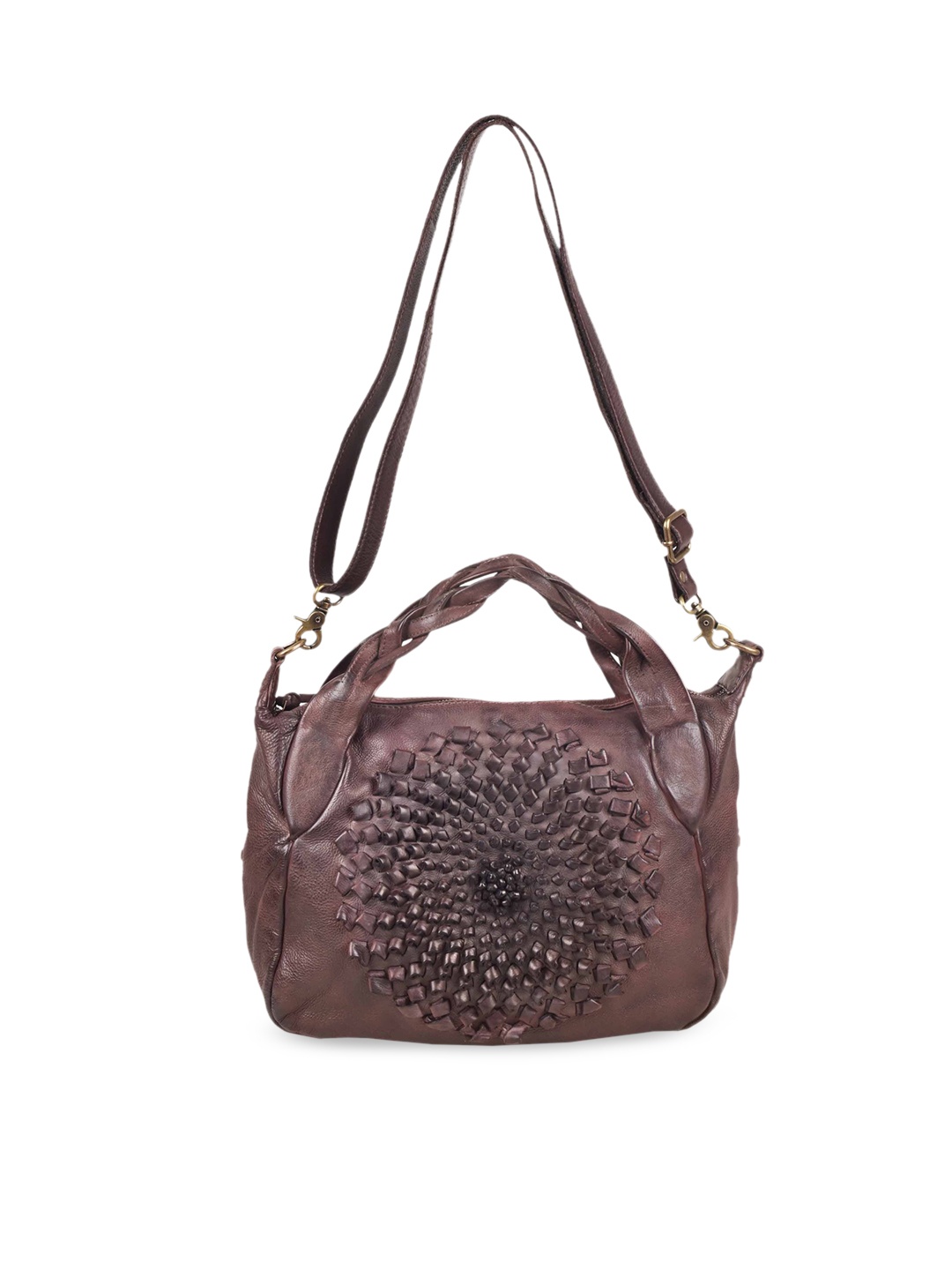 

KOMPANERO Brown Textured Leather Shopper Sling Bag with Cut Work