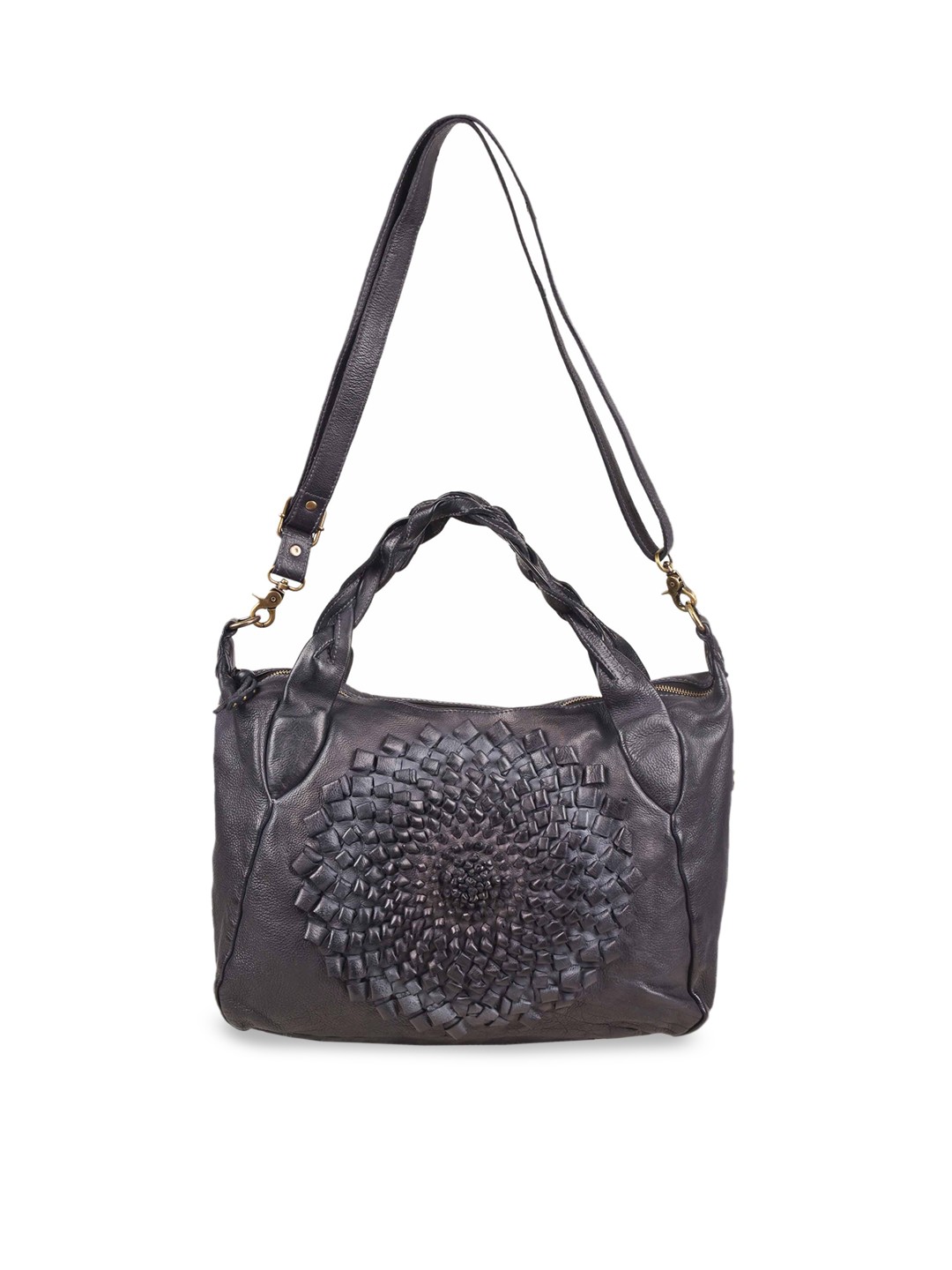

KOMPANERO Black Textured Leather Structured Handheld Bag with Cut Work