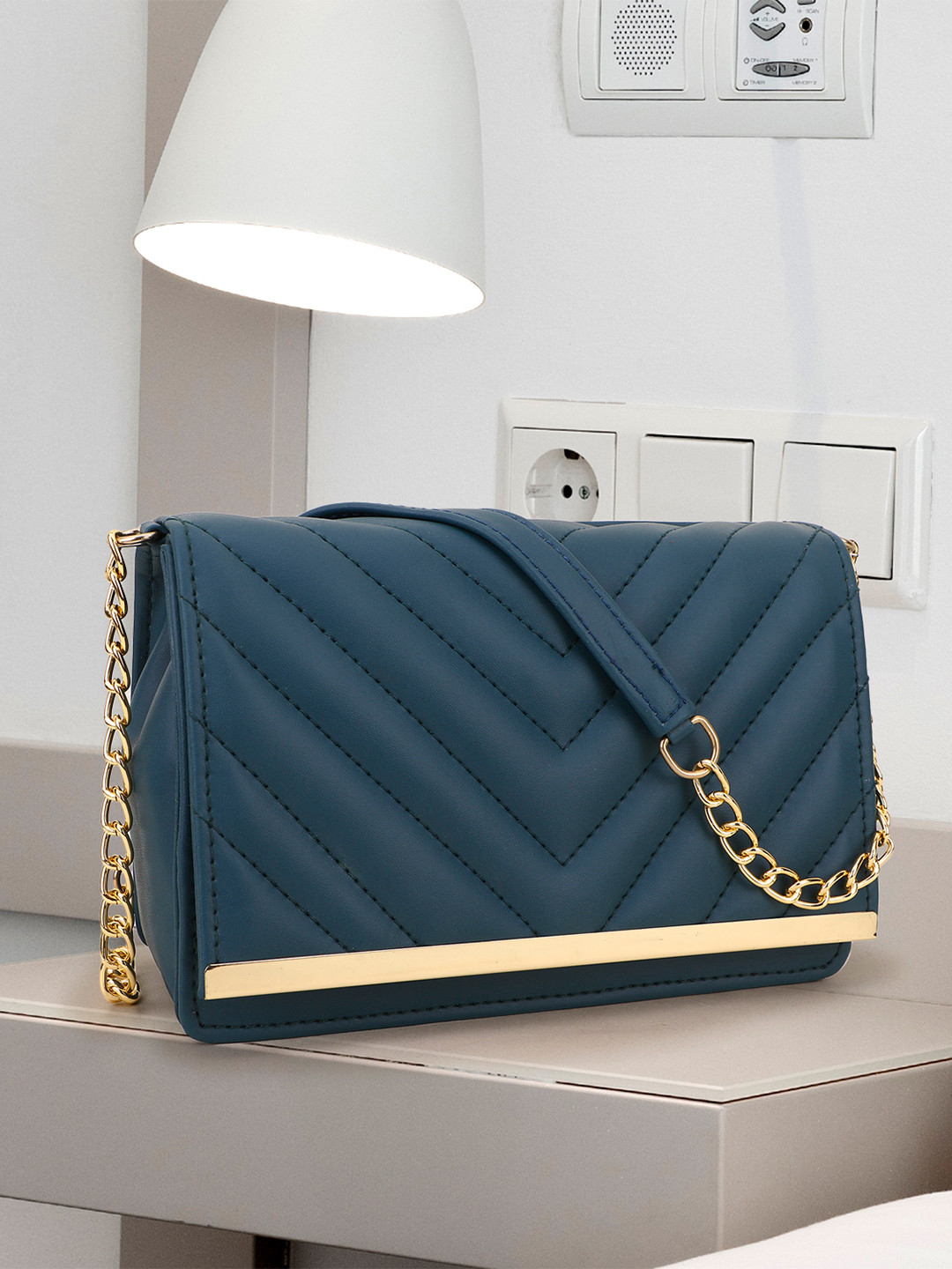 

SHINING STAR Women Blue Textured PU Structured Sling Bag with Quilted