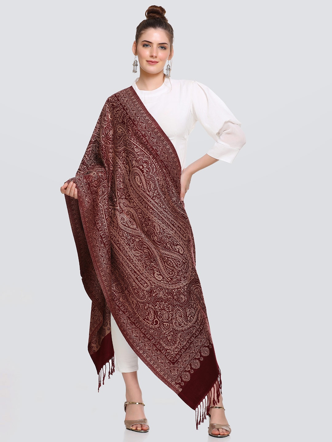 

KANIGARI Women Maroon & White Printed Ethnic Motifs Stole