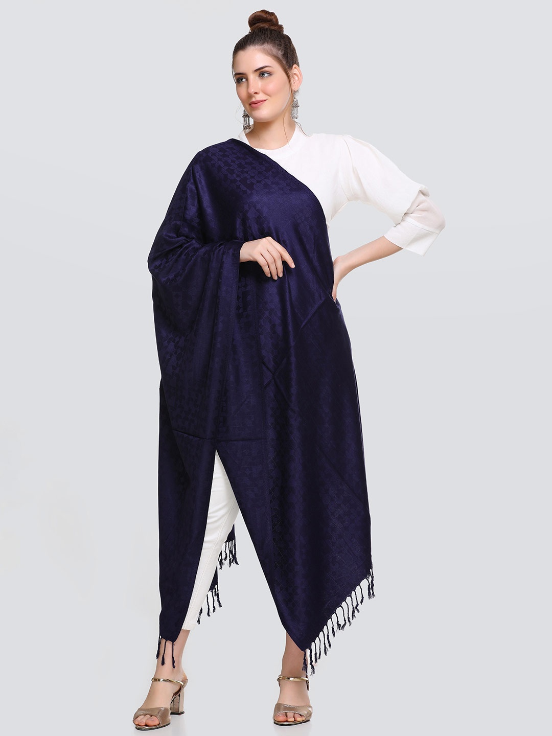 

KANIGARI Women Navy Blue Tasseled Border Stole