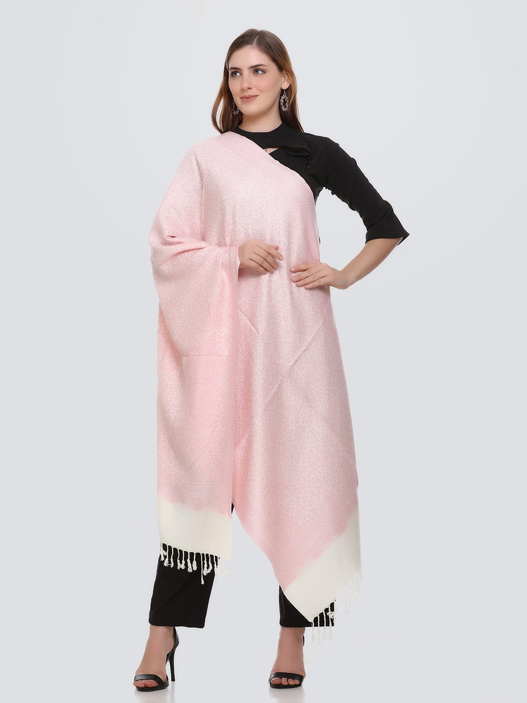 

KANIGARI Women White & Pink Woven Design Stole