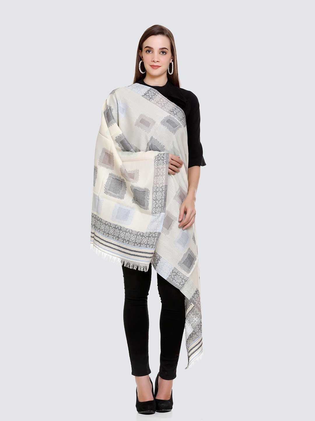 

KANIGARI Women Blue & Cream-Coloured Woven Design Stole