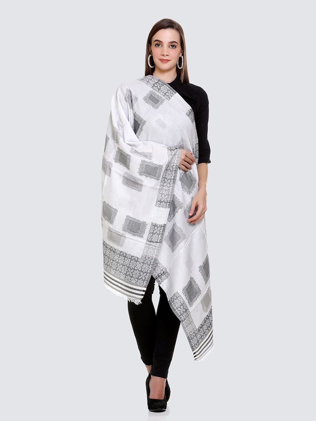 

KANIGARI Women White & Black Woven Design Stole