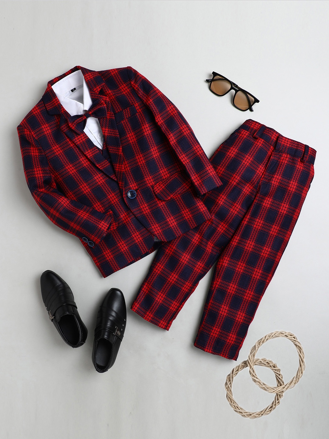 

Jeetethnics Boys Red Checked 5-Piece Single-Breasted Partywear Suit