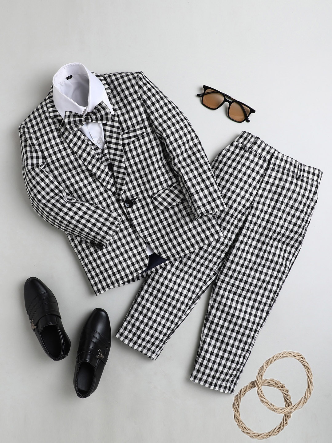 Jeetethnics Infant Boys Black & White Checked Single-Breasted 5-Piece Suits