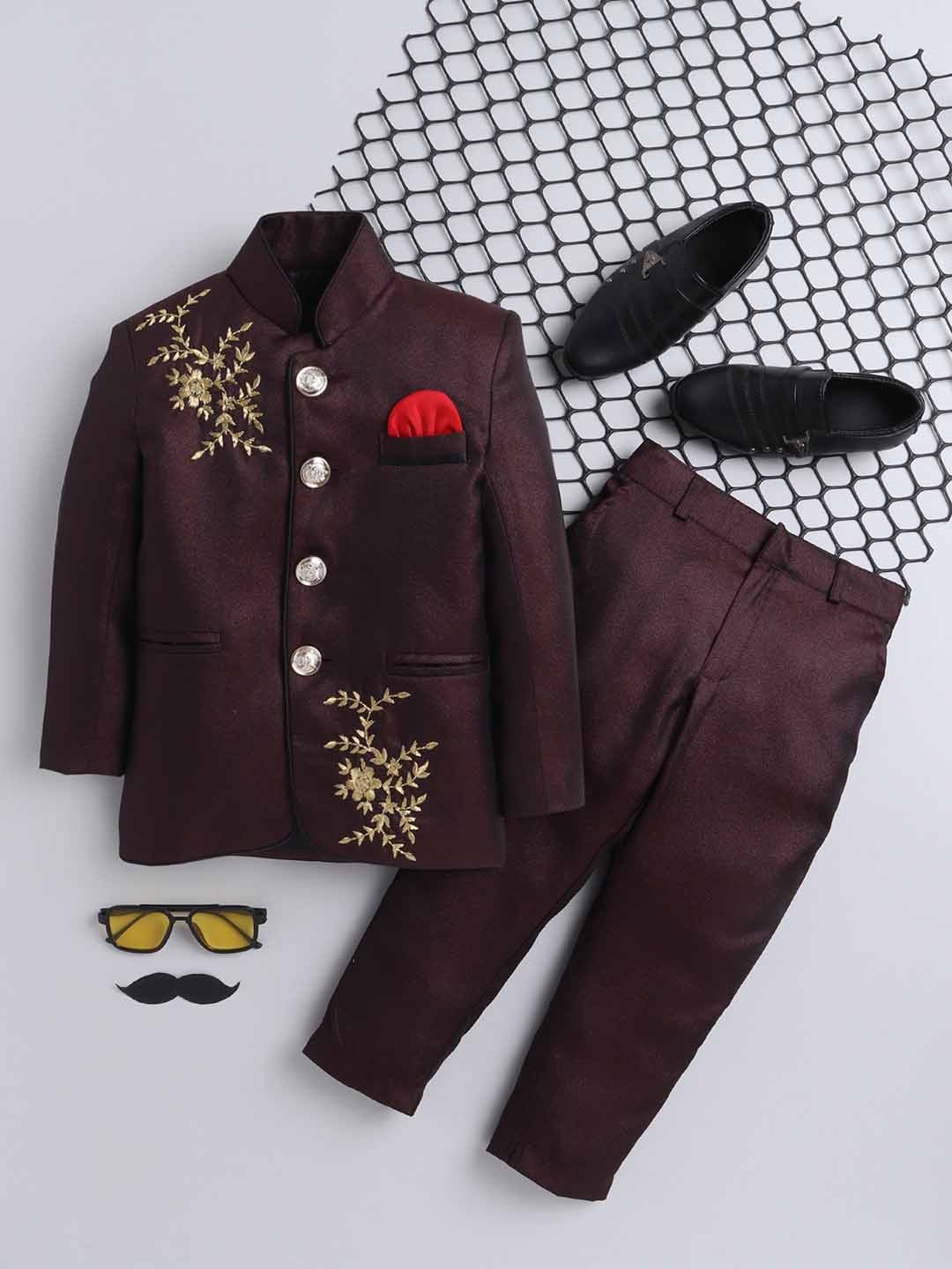Jeetethnics Boys Maroon Embroidered Two Piece Jodhpuri Bandhgala Suits