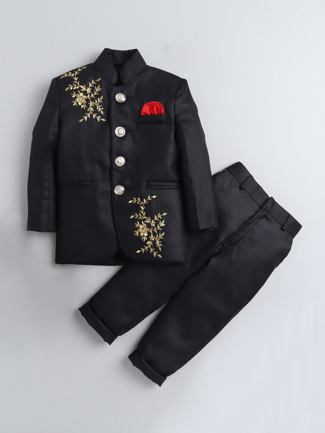 

Jeetethnics Infant Boys Black & Gold Embroidered Bandhgala Suits