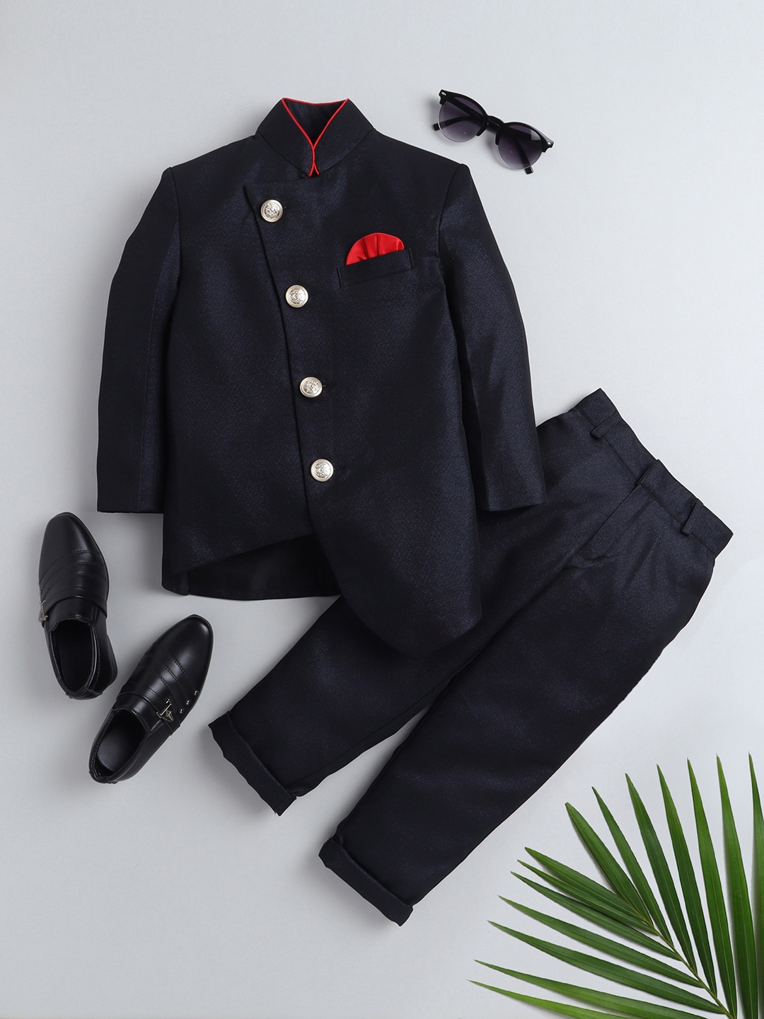 Jeetethnics Infant Boys Navy Blue Solid Bandhgala Suits